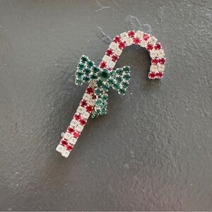 Vintage Red White Brooch Candy Cane Pin Green Ribbon Bow Rhinestone Christmas
